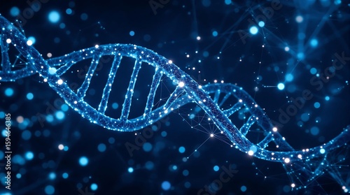 Illuminated dna double helix structure with connected dots against a dark blue background rendering