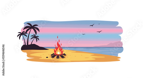 Sunset beach with campfire and seagulls - tropical coastal serenity