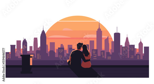 Romantic city sunset: silhouette of couple embracing urban skyline