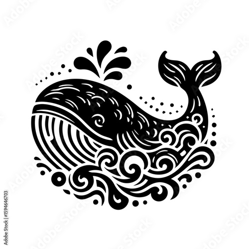 Stylized Black Whale with Water Splashes and Swirls.