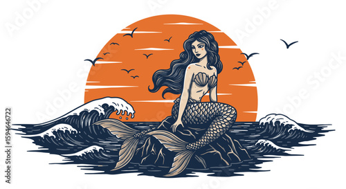 Enchanting mermaid at sunset with waves and birds in vintage art style