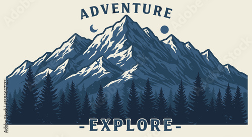 Mountain adventure design with snowy peaks and pine forest landscape