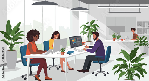 Modern office workspace with diverse team collaborating on projects