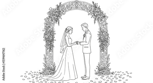Elegant wedding ceremony: a couple under a floral arch exchanging vows