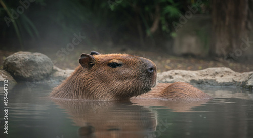 Capybara relaxing in a pool of water, with visible steam rising, surrounded by rocks and lush green foliage in the background.