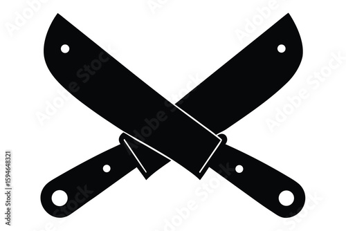 Black and White Crossed Machetes Illustration, Cutlery Blades with Circular Handle Holes Design