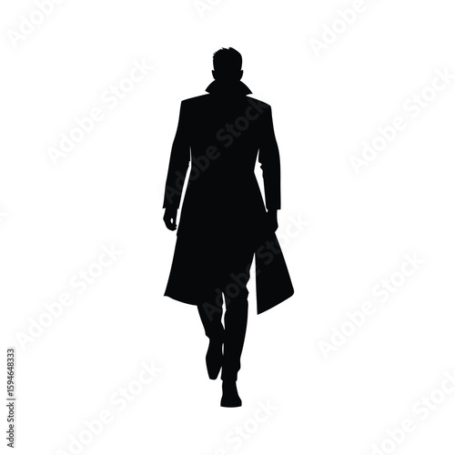 Stylish Individual In Overcoat Walking With Determination Line Art Vector illustration