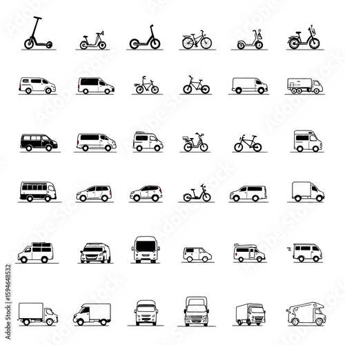 Vehicle Vector Icon Set Featuring Scooters, Bicycles, Motorcycles, Cars, Vans, Trucks and Buses in Grid Format for Mobility Graphics