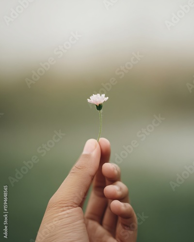 Hand holding tiny flower nature setting macro photography serene environment close-up view enjoy the little things