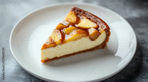 Fototapeta Naklejka Na Ścianę i Meble -  Slice of Cheesecake with Caramelized Peaches on a White Plate