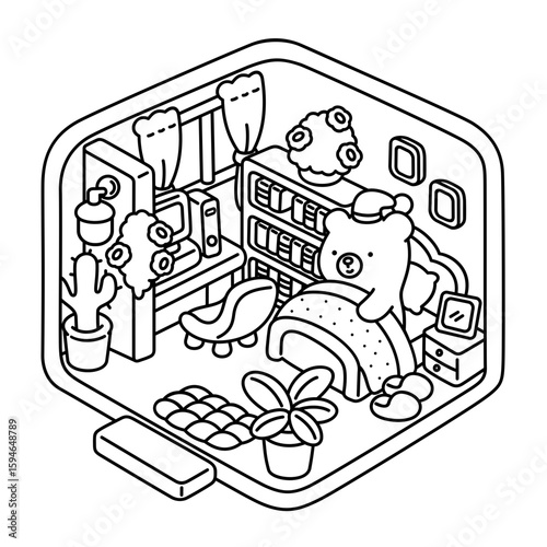 Little Bear's cozy corner in the pocket room, easy coloring for kids, vector, illustration, coloring book, coloring page, cozy, cute, bold, comfy