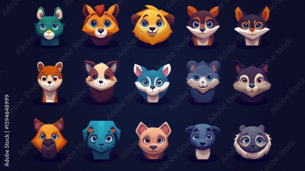 Obraz premium Collection of cute cartoon animal heads, including fox, wolf, dog, cat, and bunny.