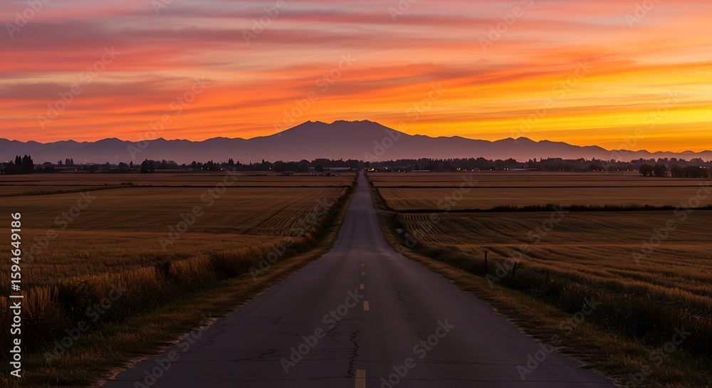 Naklejka premium A straight road leads through golden fields towards a mountain range under a fiery sunset