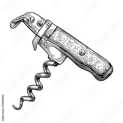 Vintage corkscrew with wooden handle in engraved style  