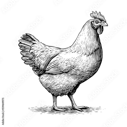 Free range chicken standing in rustic engraving style  