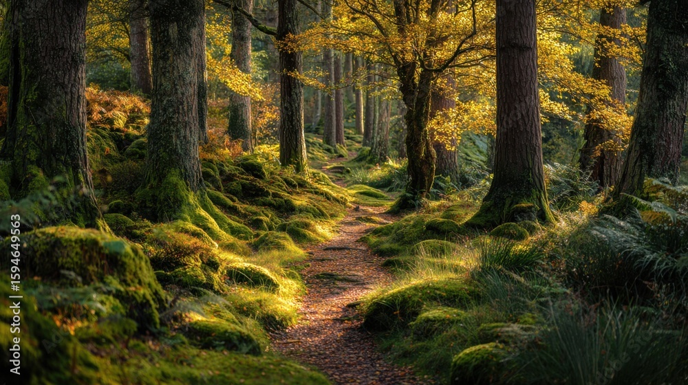 Obraz premium Sunlit forest path winding through mossy trees in autumn