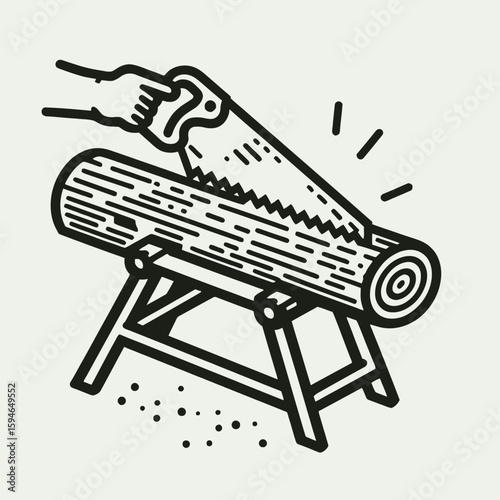 Hand Saw Cutting Log on Sawhorse Vector Illustration
