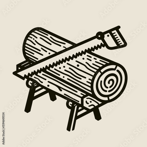 Hand Saw Cutting Log on Sawhorse Vector Illustration
