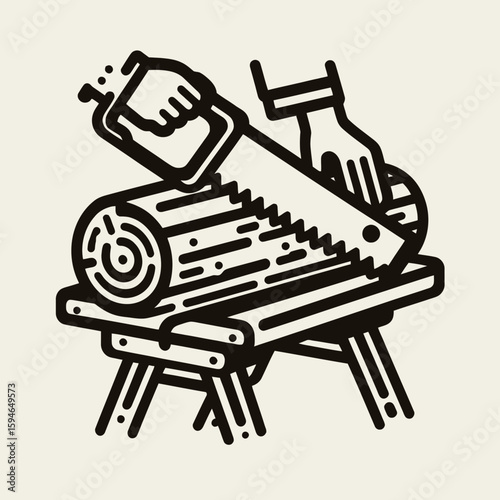 Hand Saw Cutting Log on Sawhorse Vector Illustration
