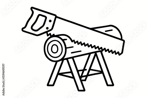 Hand Saw Cutting Log on Sawhorse Vector Illustration
