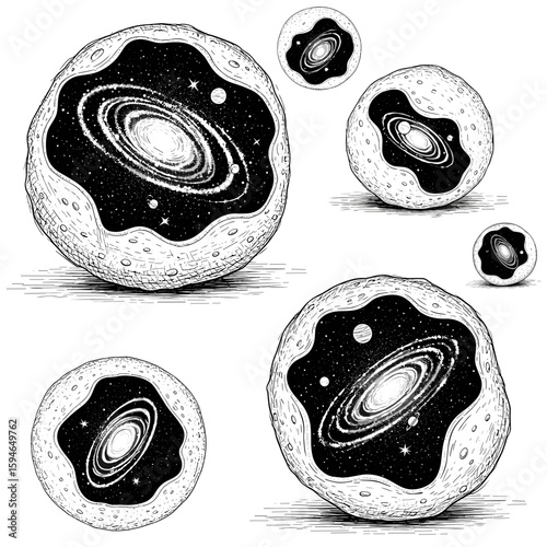 Multiverse concept and parallel worlds, hand drawn black and white vintage ink sketch, vector illustration
