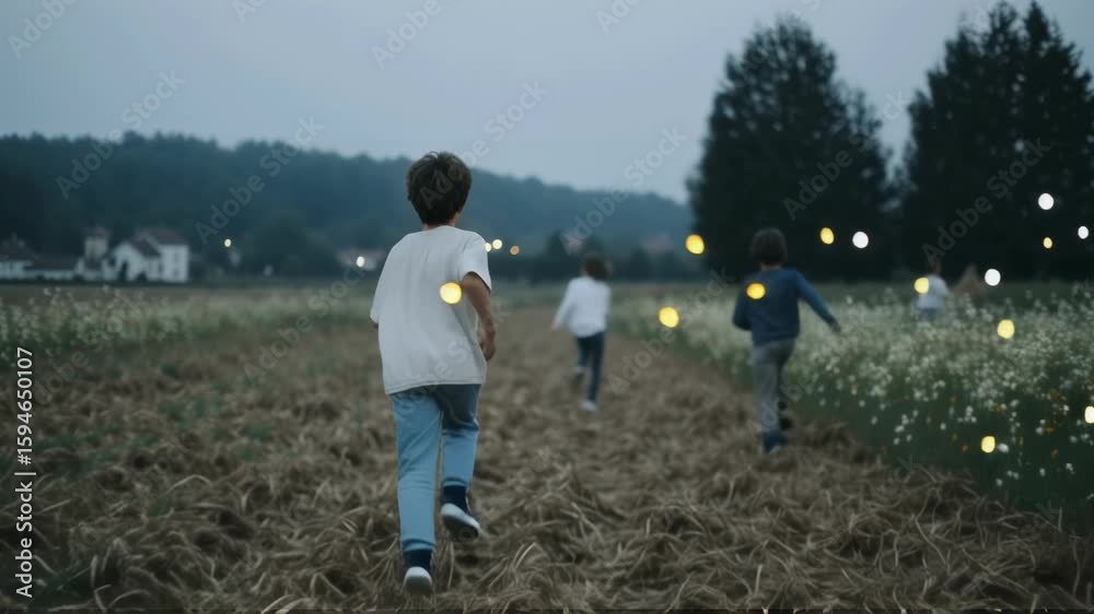 Children running through field at dusk with glowing lights. Magical summer evening adventure in nature. Outdoor play and exploration concept for kids in rural landscape.