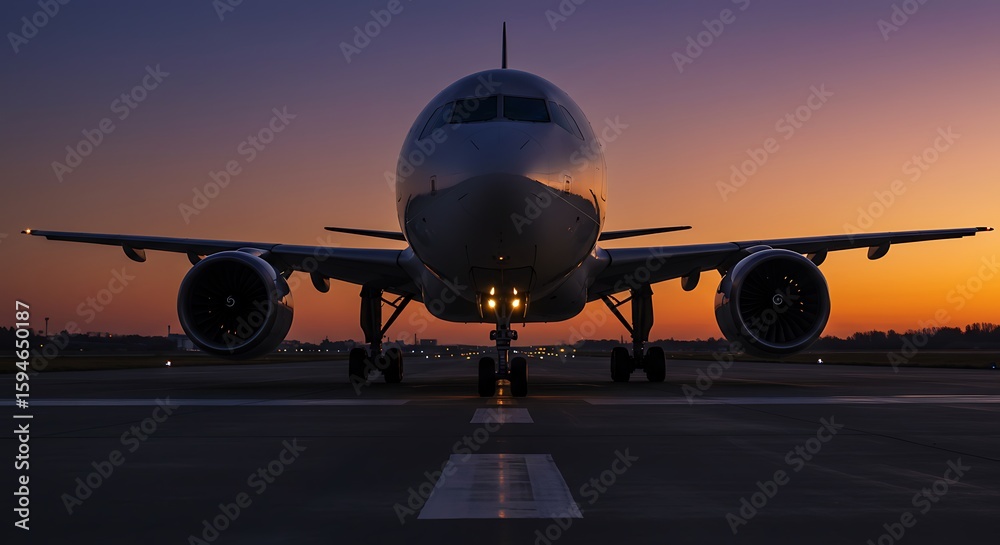 Obraz premium An airplane is parked on the runway as the sun sets, casting a warm glow over the scene