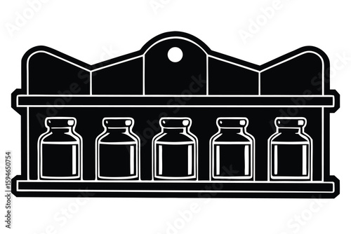 Black and White Illustration Five Jars in a Wooden Shelf Unit Display