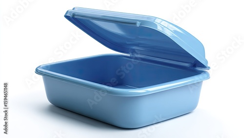 Light-blue plastic food container with open lid