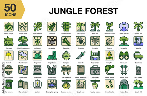 Jungle Forest flat icon set. Includes jungle, forest, nature, tropical, trees, and More. Flat icons vector collection.