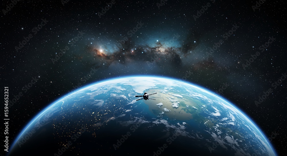 Fototapeta premium A satellite orbits earth against a backdrop of a stunning galaxy, symbolizing the intersection of human technology and cosmic wonder