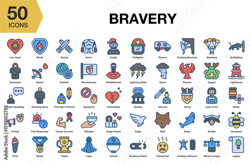 Bravery flat icon set. Includes bravery, courage, strength, hero, fearless, and More. Flat icons vector collection.