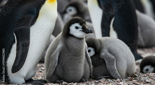 Close-up of several young penguins huddled together on a rocky shore.