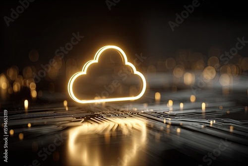 Glowing golden cloud symbol on dark circuit board