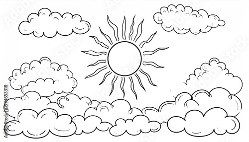 Minimalist black and white doodle of sun and clouds in landscape format
