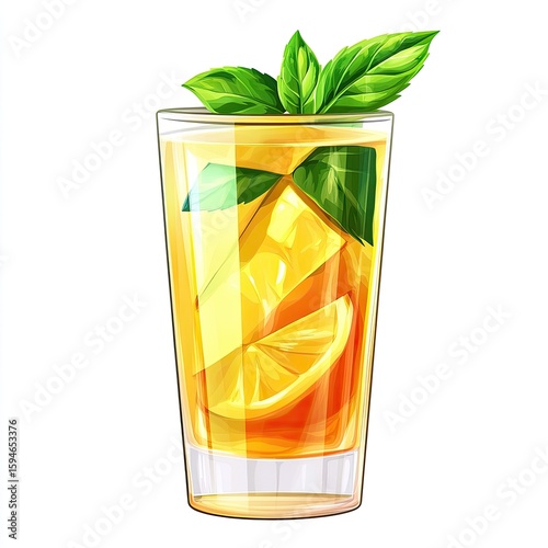 Vibrant summer drink in a tall glass.  Fresh lemon slices and mint leaves adorn the iced beverage.  Glossy, detailed illustration