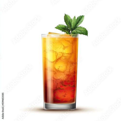 Tall glass cocktail, amber and ruby hues, garnished with mint