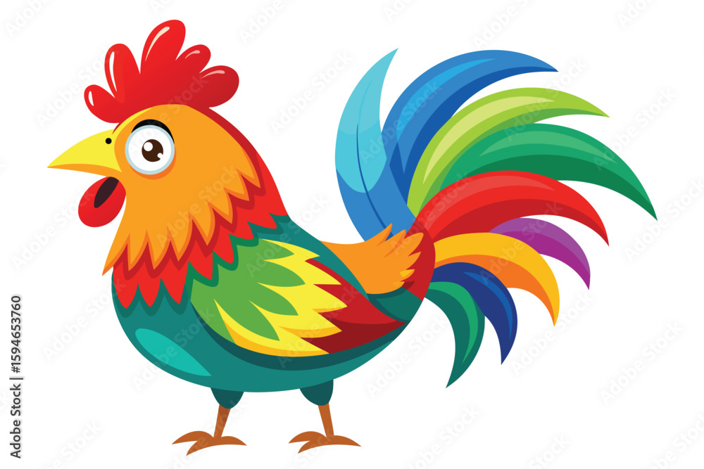 Fototapeta premium Vibrant Cartoon Rooster Illustration with Colorful Feathers on a White Background