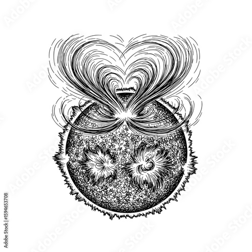 Magnetic storm on the sun hand drawn black and white vintage ink sketch, vector illustration
