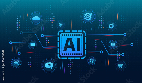 Ai generate concept with icons. AI Powered Search Engines artificial intelligence technology drive digital marketing, workflow, dicision and seo automation. Vector illustration web banner.