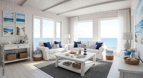 Coastal-themed living room with white furniture, blue accents, and ocean views.