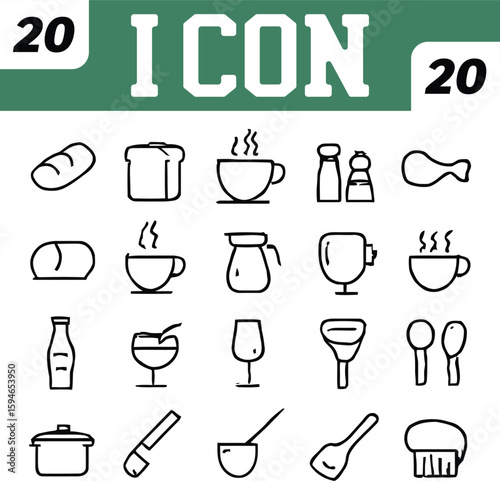 Twenty Food and Drink Icons Simple Black and White Line Art Illustrations