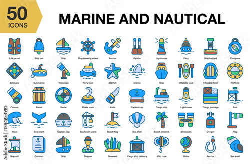 Marine And Nautical flat icon set. Includes nautical, ocean, sea, sailing, ship, and More. Flat icons vector collection.