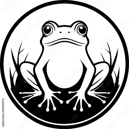 Amphibian Frog Circle Design: A striking black and white circular design featuring a stylized frog with large eyes, seated amidst grass, enclosed in a thick outline.