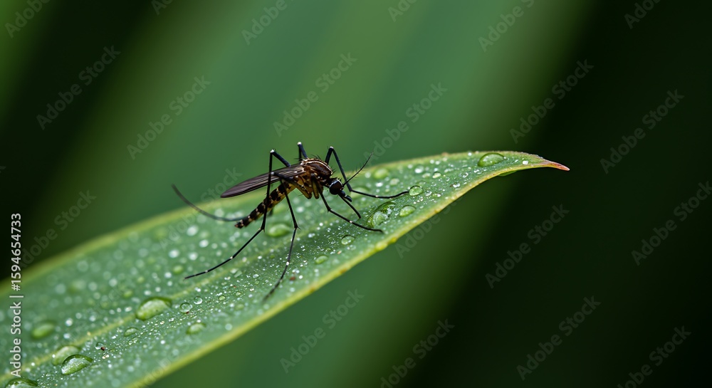 Mosquito resting on leaf with water droplets in a nature scene. Mosquito resting on leaf with water droplets in a nature scene.