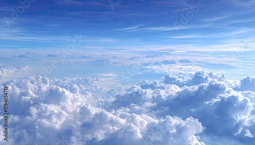 High-altitude view of fluffy white clouds scattered across a vast expanse of vibrant blue sky