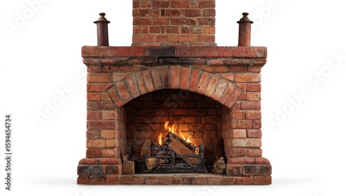 Rustic brick fireplace with burning wood