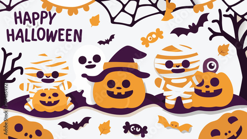 Cartoon halloween scene with pumpkins ghosts mummies and bats in a festive arrangement