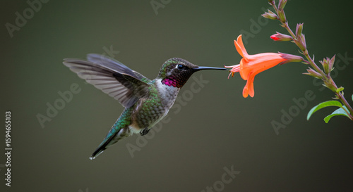 A hummingbird in flight, feeding from an orange flower.