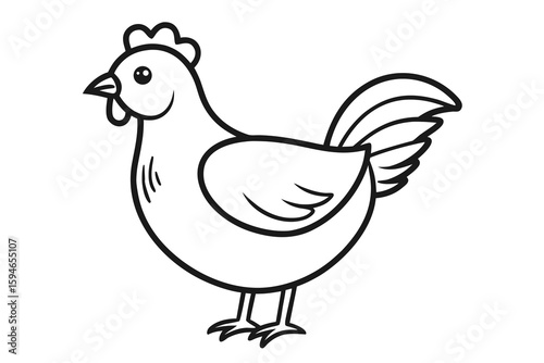 Simple Chicken Illustration in Black and White Outline Style for Coloring